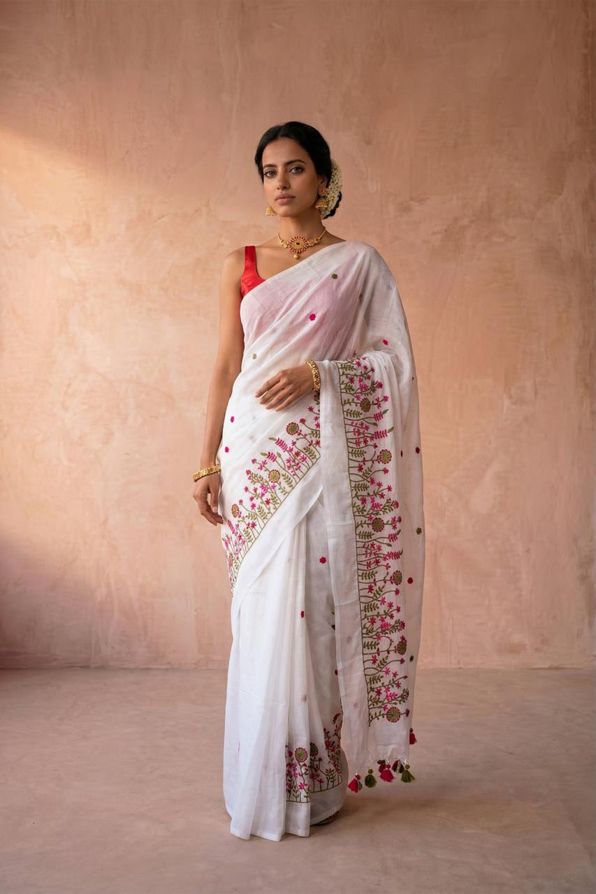 Floral Grace Embroidered Cotton Saree