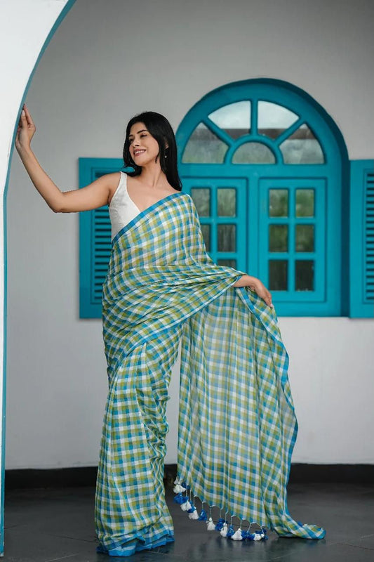 Sky Checkered Cotton Saree